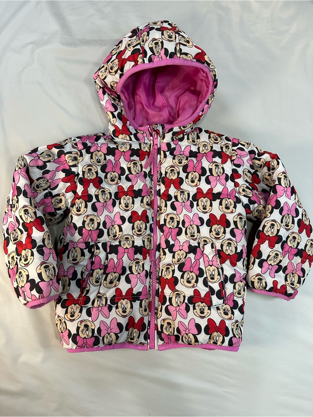 Disney Minnie Mouse Printed Hooded Puffer Jacket in Pink, Red, White 3T Girls